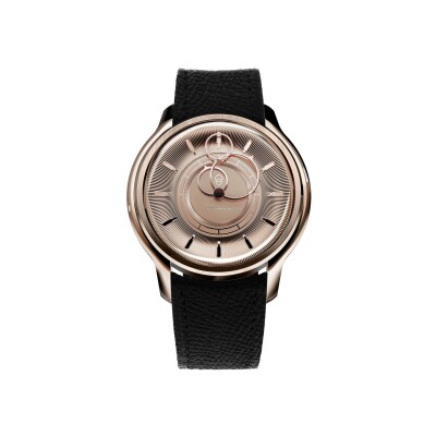 Montre BeauBleu La Pièce N.2 or rose bracelet en cuir noir grainé
