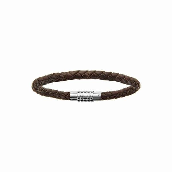 Bracelet acier  fermoir aimanté et visse cuir bovin marron 18cm