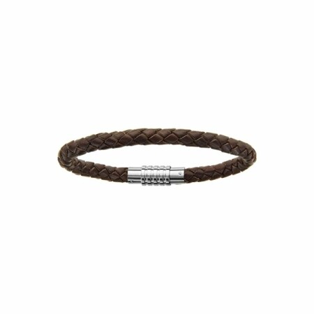 Bracelet acier  fermoir aimanté et visse cuir bovin marron 21cm