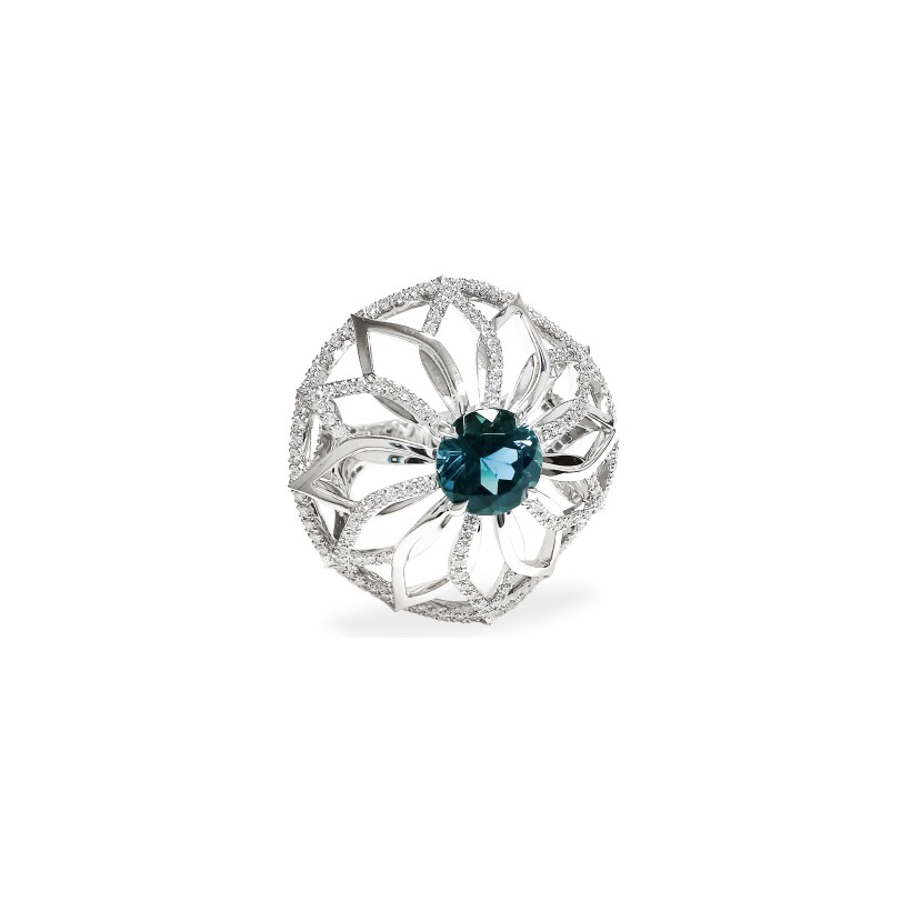 Bague Isabelle Barrier en or blanc, tourmaline bleue et diamants, taille 55