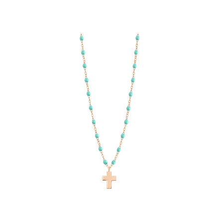 Collier Gigi Clozeau Croix en or rose et résine vert d'eau, taille 42cm