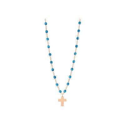 Collier Gigi Clozeau Croix en or rose et résine azur, taille 42cm