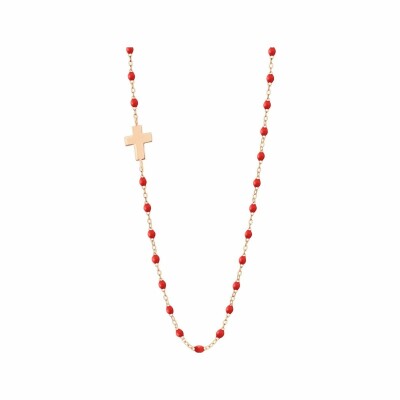 Collier Gigi Clozeau Croix en or rose, résine rouge coquelicot, taille 42cm