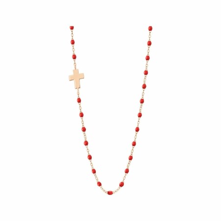 Collier Gigi Clozeau Croix en or rose, résine rouge coquelicot, taille 42cm