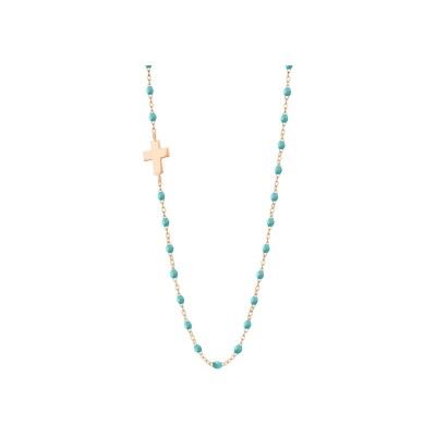 Collier Gigi Clozeau Croix en or rose, résine turquoise vert, taille 42cm