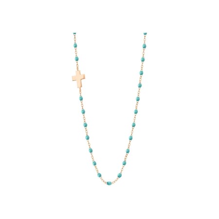 Collier Gigi Clozeau Croix en or rose, résine turquoise vert, taille 42cm