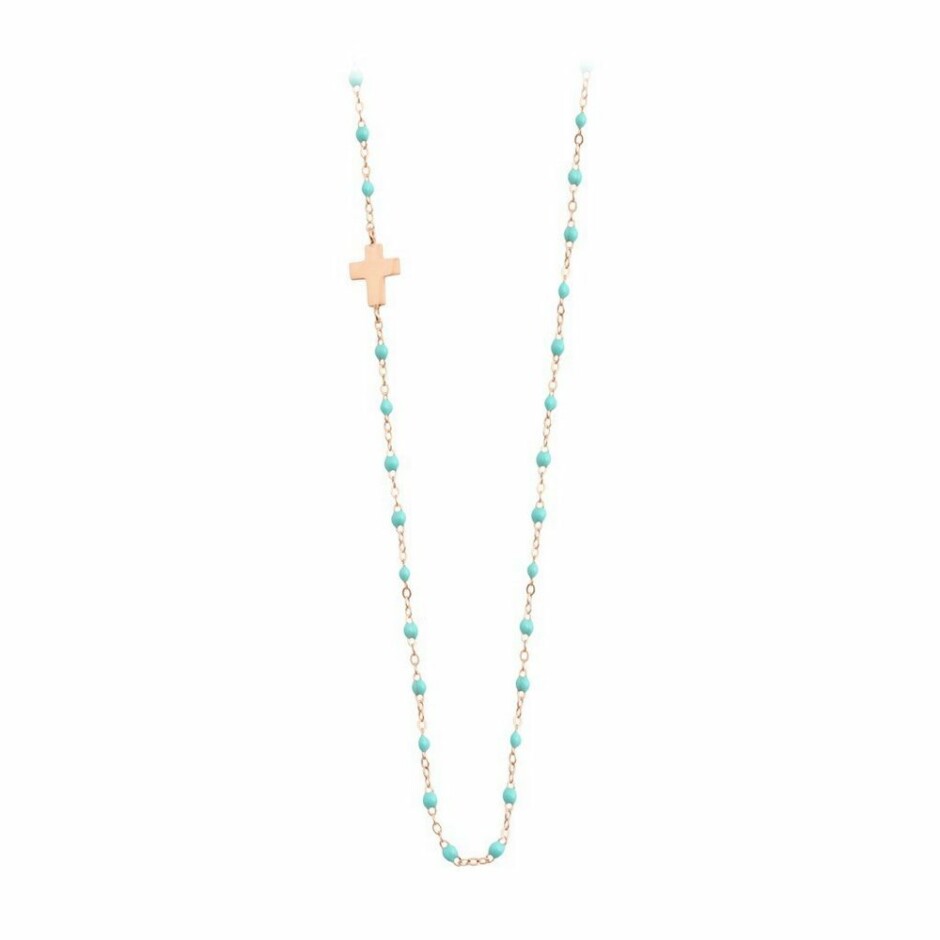 Collier Gigi Clozeau Croix en or rose, résine vert d'eau, 42cm