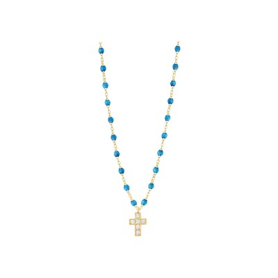 Collier Gigi Clozeau Croix en or jaune, résine azur et diamants, taille 42cm