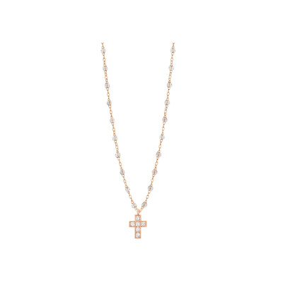 Collier Gigi Clozeau Croix en or rose, résine sparkle et diamants, taille 42cm