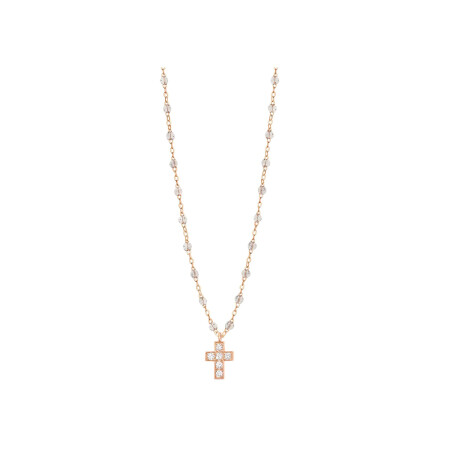 Collier Gigi Clozeau Croix en or rose, résine sparkle et diamants, taille 42cm