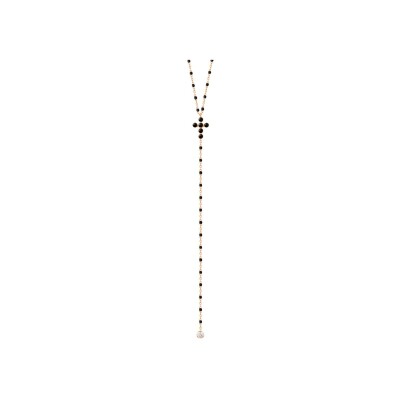 Chapelet Gigi Clozeau Croix Perlée en or rose, résine noire et diamants, taille 42cm