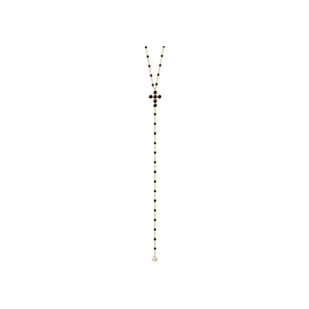 Chapelet Gigi Clozeau Croix Perlée en or rose, résine noire et diamants, taille 42cm