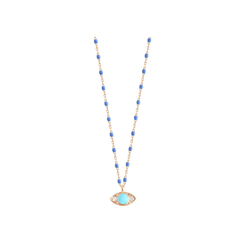 Collier Gigi Clozeau Eye en or rose, résine bleuet et diamants, taille 42cm
