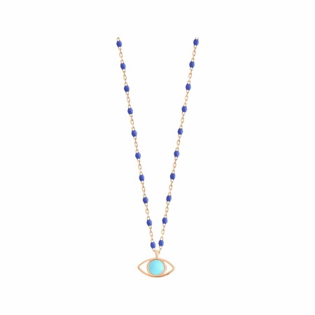 Collier Gigi Clozeau Eye mini en or rose et résine bleuet, taille 42cm