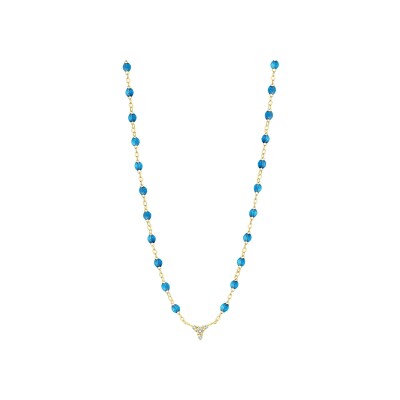 Collier Gigi Clozeau Kosmos en or jaune, résine azur et diamants, taille 42cm