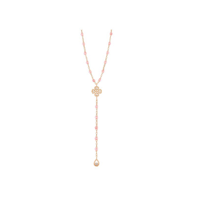 Chapelet Gigi Clozeau Lucky Trèfle en or rose, résine rosée et diamants, taille 45cm