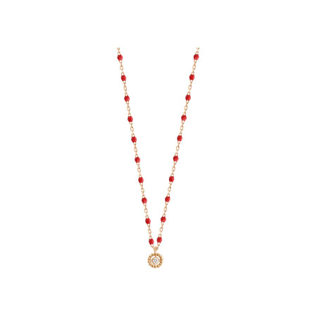 Collier Gigi Clozeau Lucky Puce en or rose, résine coquelicot et diamant, taille 42cm