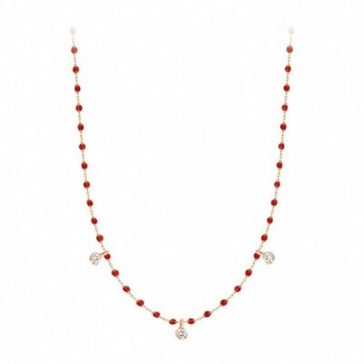 Collier Gigi Clozeau Mini en or rose, résine rouge coquelicot et diamants, taille 42cm