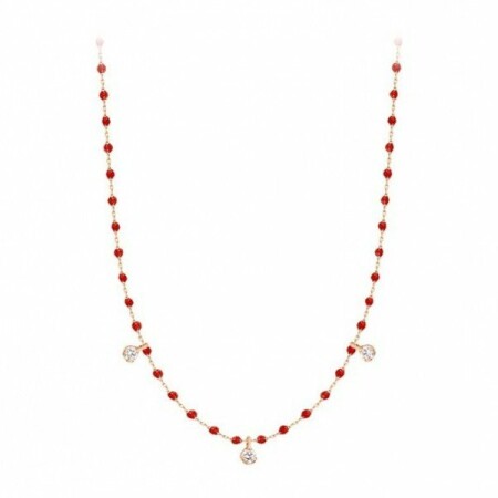 Collier Gigi Clozeau Mini en or rose, résine rouge coquelicot et diamants, taille 42cm