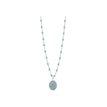 Collier Gigi Clozeau Poisson Ange en or rose et résine turquoise bleu, taille 42cm