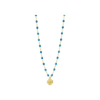 Collier Gigi Clozeau Trèfle Lumière en or jaune, résine azur et diamant, 42cm