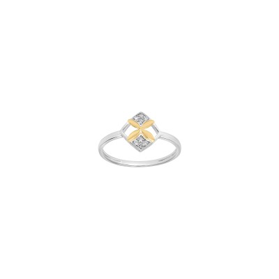 Bague fleur en argent, or jaune et oxyde de zirconium