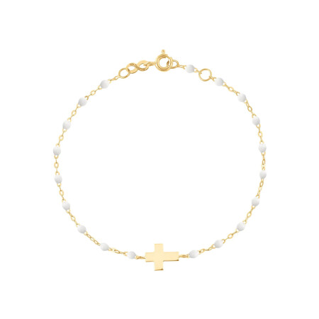 Bracelet Gigi Clozeau Croix en or jaune et résine blanche, taille 17cm