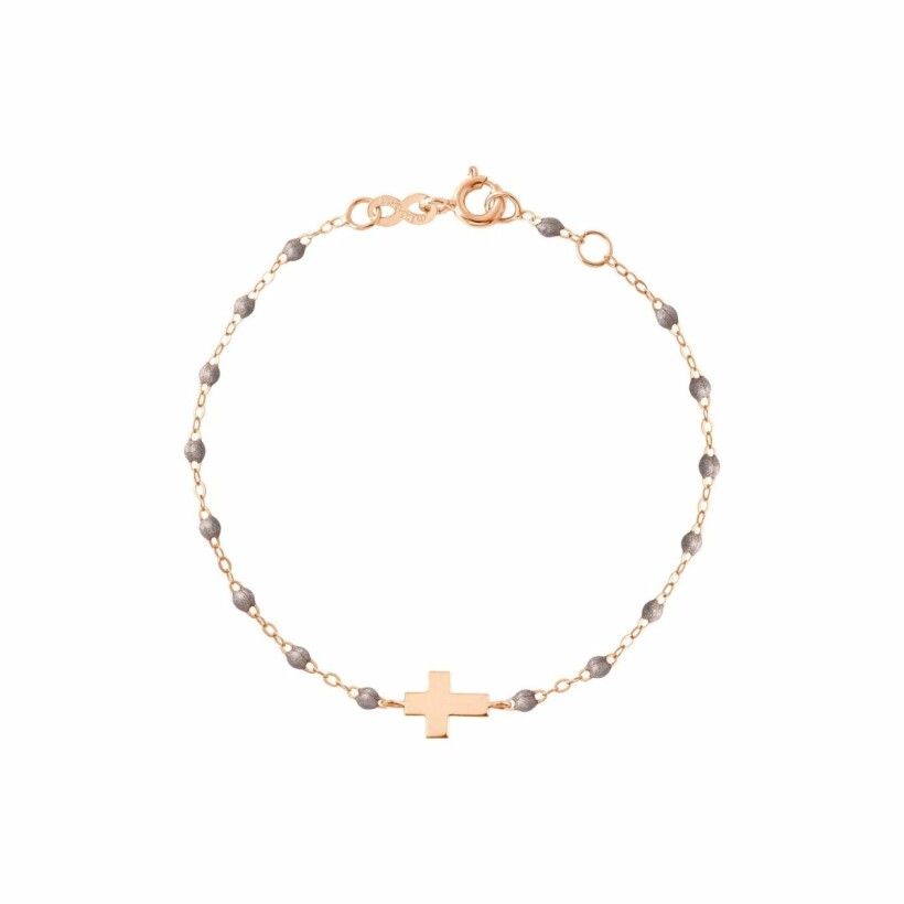 Bracelet Gigi Clozeau Croix en or rose, résine gris souris, taille 17cm