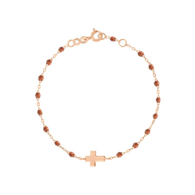 Bracelet Gigi Clozeau Croix en or rose et résine fauve, 17cm