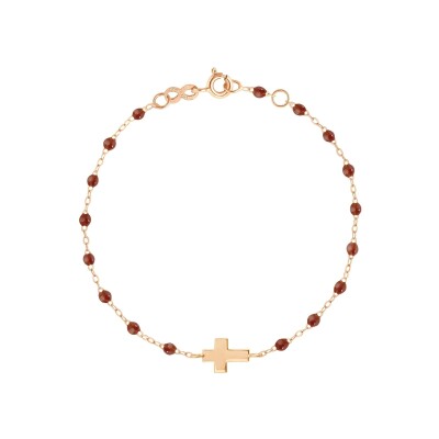 Bracelet Gigi Clozeau Croix en or rose et résine moka, taille 17cm