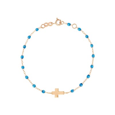 Bracelet Gigi Clozeau Croix en or rose et résine azur, taille 17cm