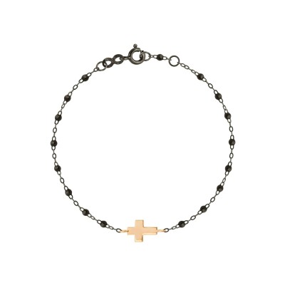 Bracelet Gigi Clozeau Croix en or noir, or rose et résine noire, taille 17cm