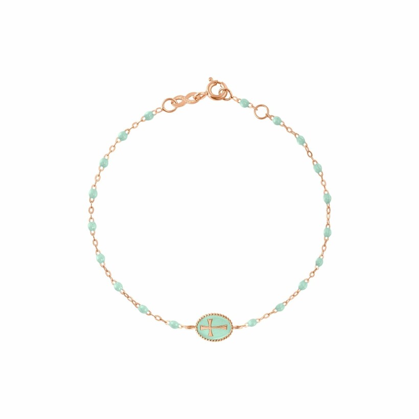 Bracelet Gigi Clozeau Croix en or rose et résine jade, taille 17cm