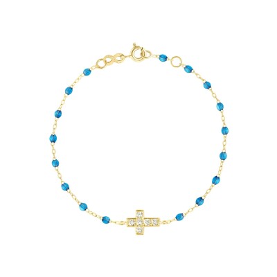 Bracelet Gigi Clozeau Croix en or jaune, résine azur et diamants, taille 17cm