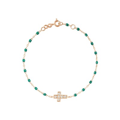 Bracelet Gigi Clozeau Croix en or rose, résine vert émeraude et diamants, taille 17cm