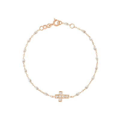 Bracelet Gigi Clozeau Croix en or rose, résine opale et diamants, taille 17cm