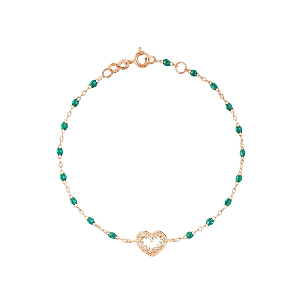 Bracelet Gigi Clozeau Cœur Suprême en or rose, résine vert émeraude et diamants, taille 17cm