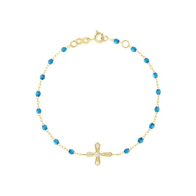 Bracelet Gigi Clozeau Croix Vintage en or jaune, résine azur et diamants, taille 17cm