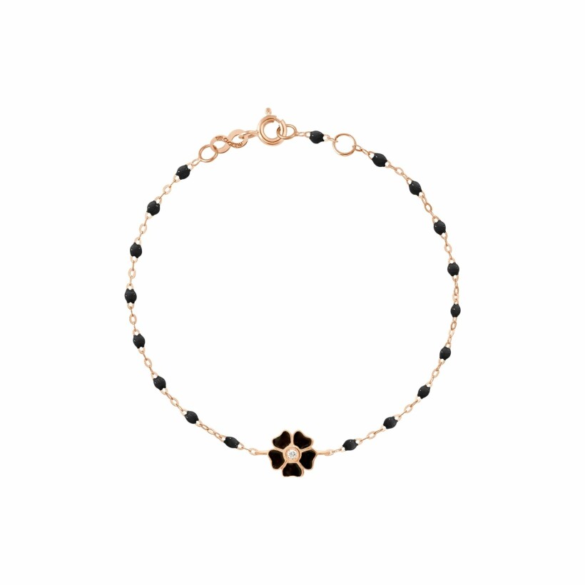 Bracelet Gigi Clozeau Fleur en or rose, diamants et résine noire, taille 17cm