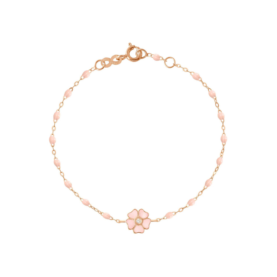 Bracelet Gigi Clozeau Fleur en or rose, résine rose bébé et diamant, taille 17cm