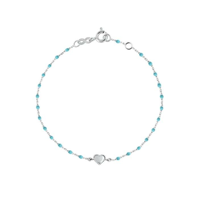 Bracelet Gigi Clozeau Lucky Coeur en or blanc et mini perles de résine turquoise, 17cm