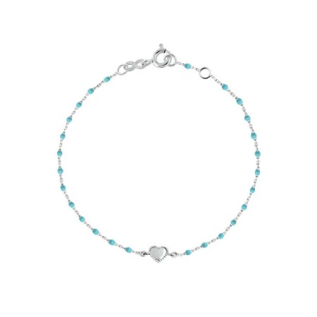 Bracelet Gigi Clozeau Lucky Coeur en or blanc et mini perles de résine turquoise, 17cm