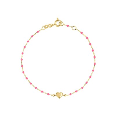 Bracelet Gigi Clozeau Lucky Cœur en or jaune et résine rose fluo, taille 17cm