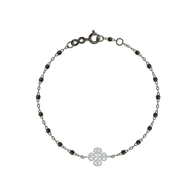 Bracelet Gigi Clozeau Lucky Trèfle en or noir, or blanc, résine noire et diamants, taille 17cm