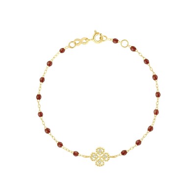 Bracelet Gigi Clozeau Lucky Trèfle en or jaune, résine moka et diamants, taille 17cm