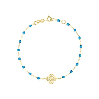 Bracelet Gigi Clozeau Lucky Trèfle en or jaune, résine azur et diamants, taille 17cm