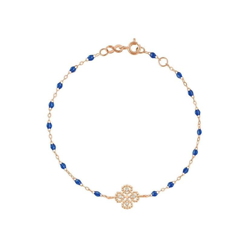 Bracelet Gigi Clozeau Lucky Trèfle en or rose, diamants et résine bleu prusse, taille 17cm