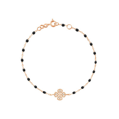 Bracelet Gigi Clozeau Lucky Trèfle en or rose, résine noir et diamants, taille 17cm