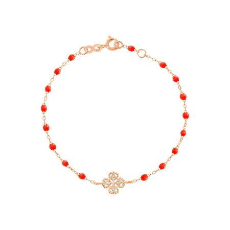 Bracelet Gigi Clozeau Lucky Trèfle en or rose, diamants et résine corail, taille 17cm