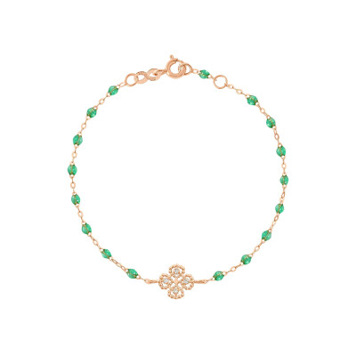 Bracelet Gigi Clozeau Lucky Trèfle en or rose, résine menthe et diamants, taille 17cm